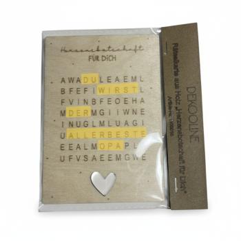 Rätselkarte aus Birkenholz mit Schriftzug „Herzensbotschaft für Dich“ zur Schwangerschaftsverkündung